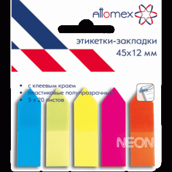 Закладки самоклеящиеся Attomex 12х45мм, пластиковые, 5цв х 20л, неон  2011703																							